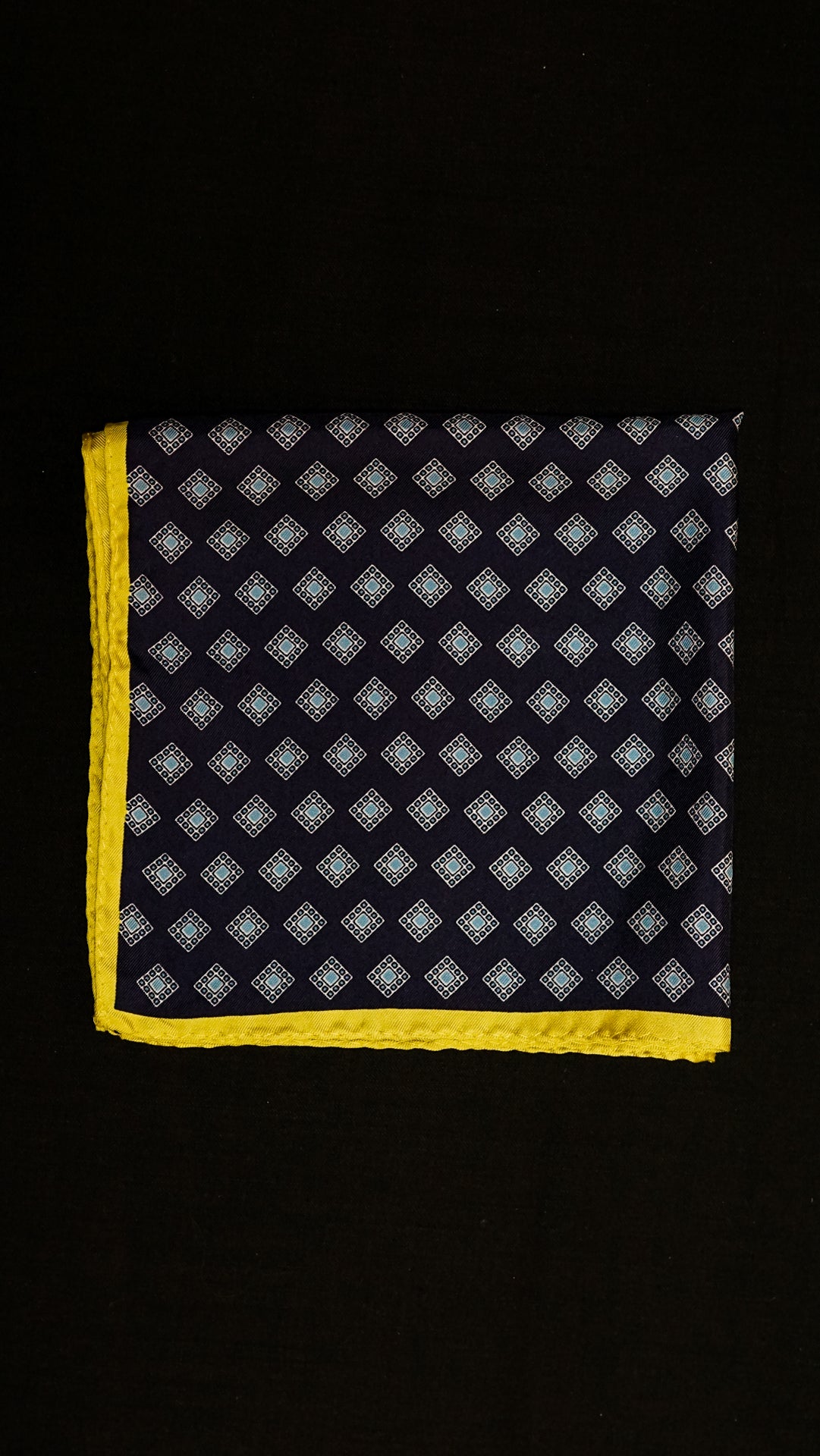 Navy Printed Pocket Square With Yellow Border