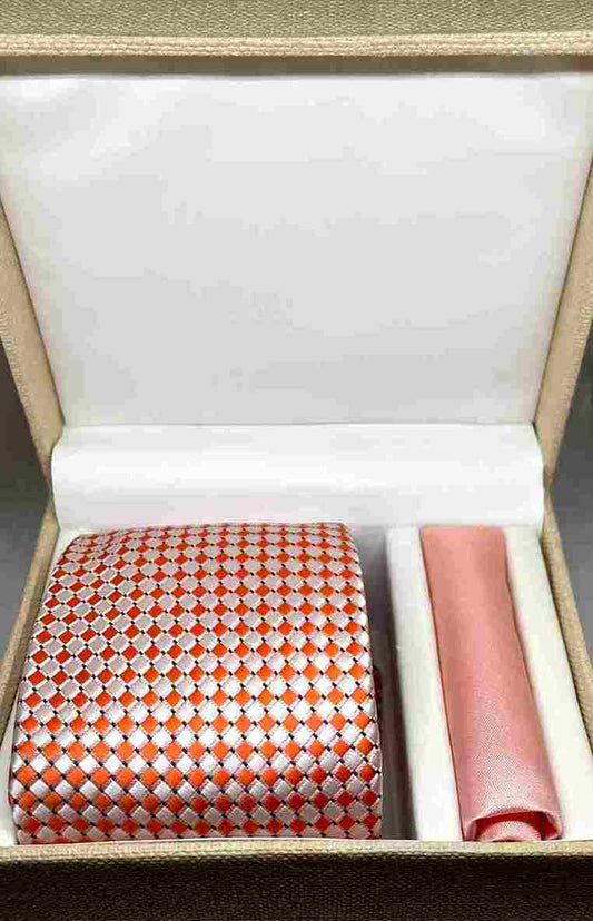 Coral Geometric Patterned Neck Tie & Pocket Square Set